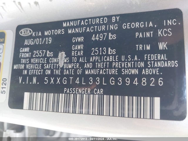 KIA Optima Lx 2020 5XXGT4L33LG394826 Image 9