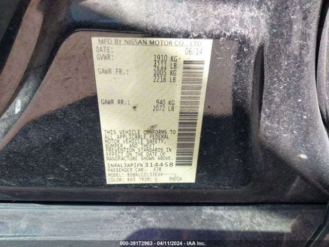 1N4AL3AP1FN314458 Nissan Altima 2.5/2.5 S/2.5 Sl/2.5 Sv