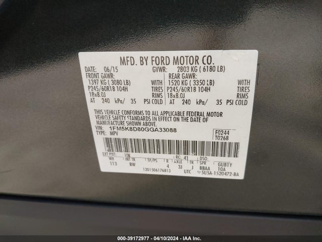 Ford EXPLORER XLT 2016 1FM5K8D80GGA33088 Image 9