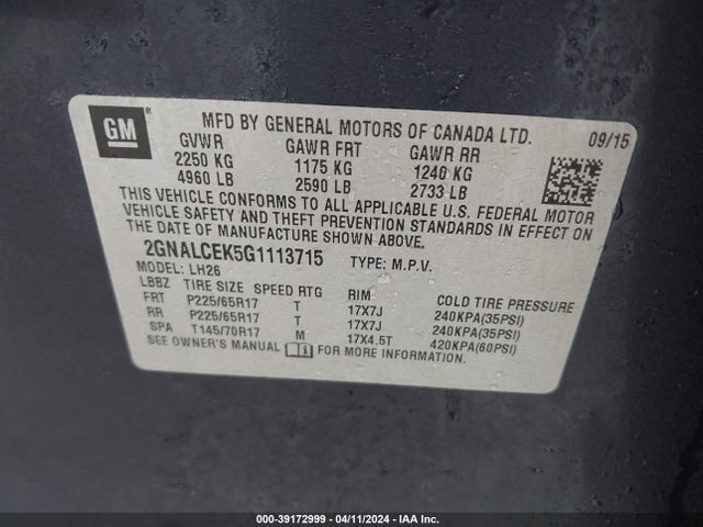 Chevrolet EQUINOX LT 2016 2GNALCEK5G1113715 Image 9