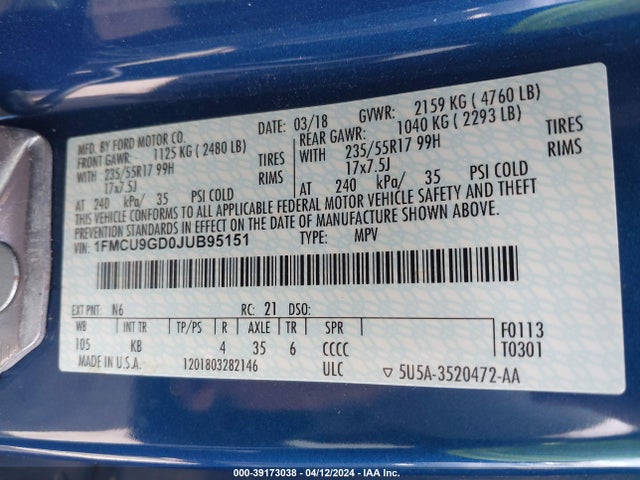 Ford ESCAPE SE 2018 1FMCU9GD0JUB95151 Image 9