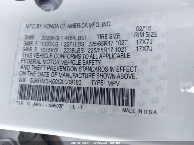 Honda CR-V EX 2016 5J6RM3H50GL009183 Image 9