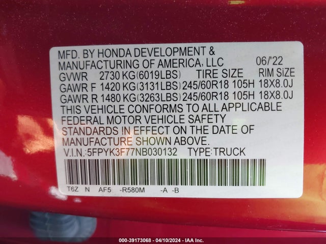Honda Ridgeline Rtl-e 2022 5FPYK3F77NB030132 Image 9