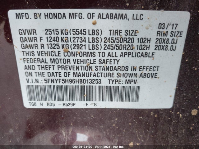 Honda Pilot Touring 2017 5FNYF5H96HB013253 Image 9