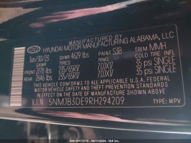 5NMJB3DE9RH294209 Hyundai TUCSON SEL