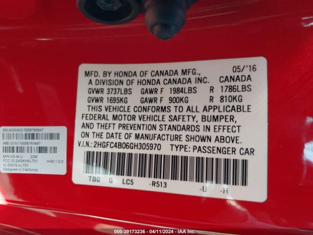 2HGFC4B06GH305970 Honda Civic Lx-p