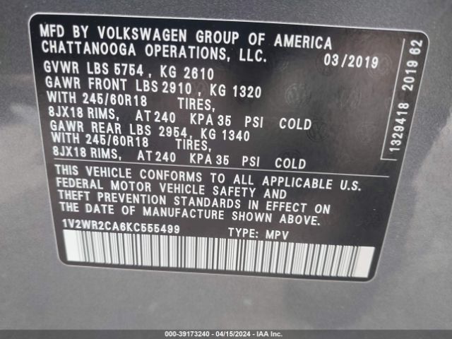 1V2WR2CA6KC555499 Volkswagen Atlas 3.6l V6 Se W/technology