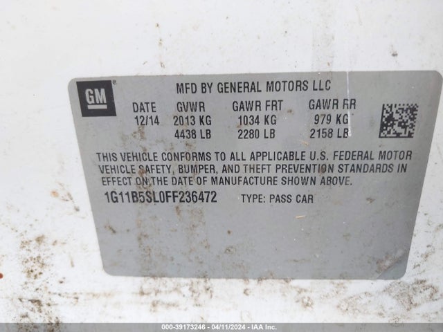 Chevrolet MALIBU LS 2015 1G11B5SL0FF236472 Image 9