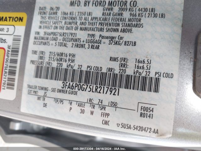 3FA6P0G75LR217921 Ford FUSION S