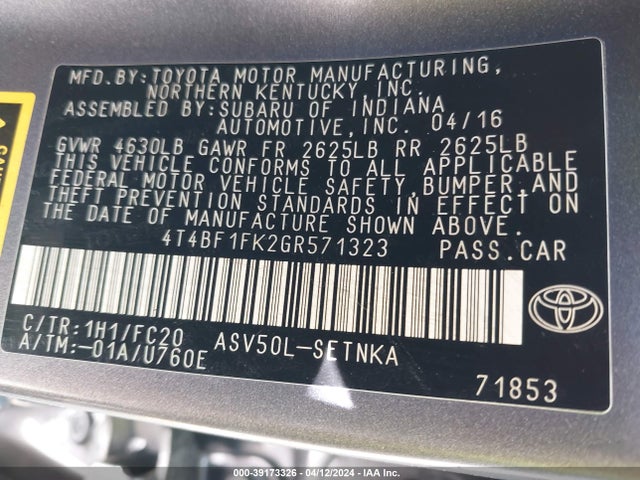 Toyota CAMRY LE 2016 4T4BF1FK2GR571323 Image 9