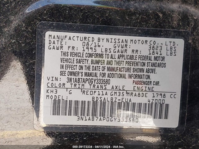 Nissan SENTRA S 2016 3N1AB7AP0GY333580 Image 9