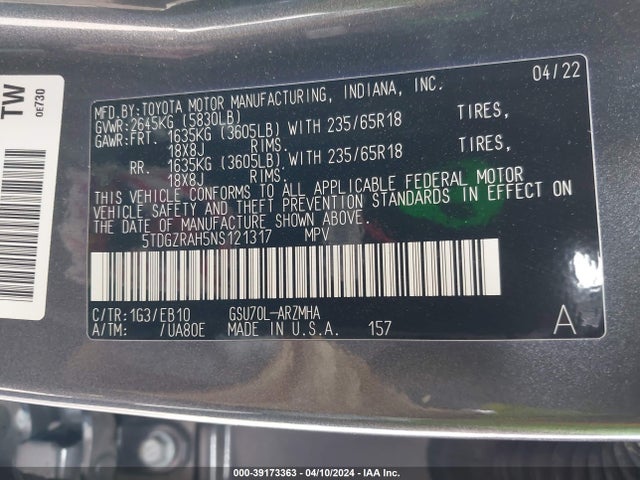 Toyota Highlander Xle 2022 5TDGZRAH5NS121317 Image 9
