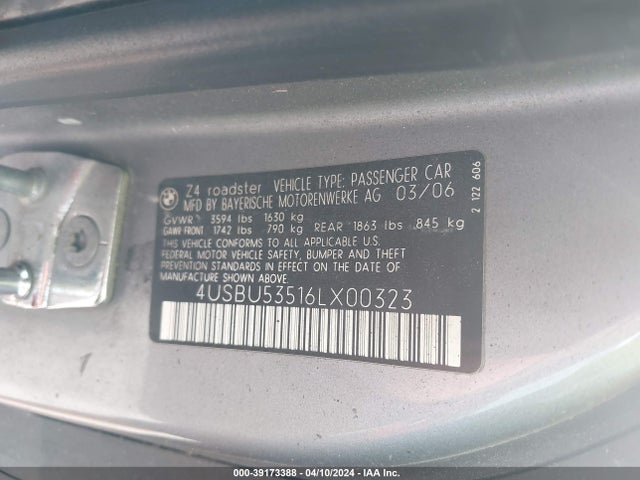 Продаж на аукціоні авто 2006 Bmw Z4 3.0si, vin: 4USBU53516LX00323, номер лоту: 39173388