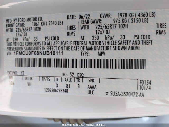 Ford ESCAPE S 2022 1FMCU0F68NUB10111 Image 9
