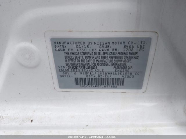 3N1CN7AP2FL897808 Nissan Versa 1.6 S/1.6 S+/1.6 Sl/1.6 Sv