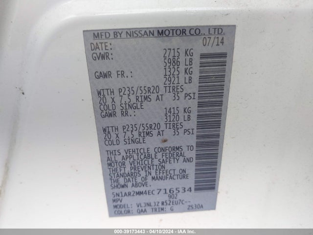 Nissan Pathfinder Platinum 2014 5N1AR2MM4EC716534 Image 9