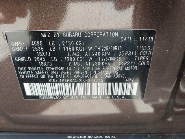 Subaru Outback 2.5i Limited 2019 4S4BSANC0K3261315 Image 9