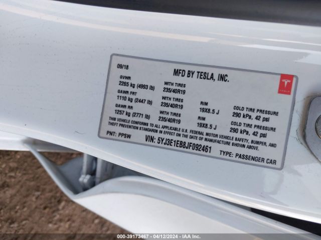 5YJ3E1EB8JF092461 Tesla Model 3 Long Range/performance