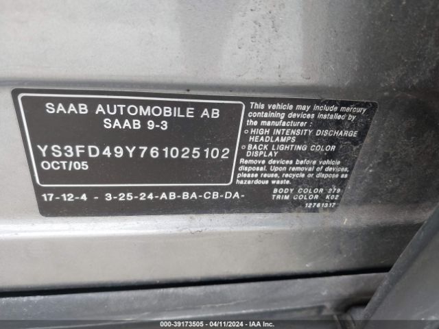 2006 SAAB 9-3 YS3FD49Y761025102 Photo 8