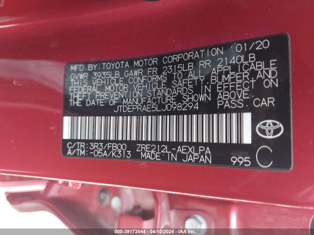 Toyota COROLLA LE 2020 JTDEPRAE5LJ098294 Image 9