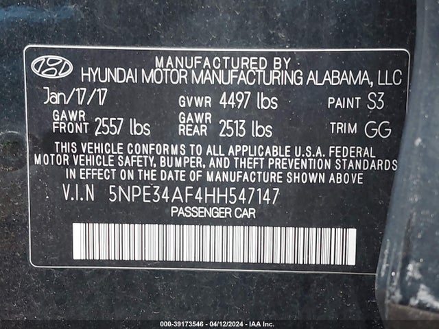 Hyundai Sonata Limited 2017 5NPE34AF4HH547147 Image 9