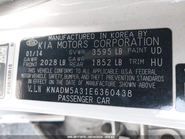KIA RIO LX 2014 KNADM5A31E6360438 Image 9