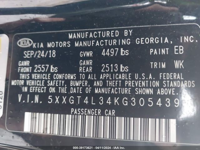 5XXGT4L34KG305439 KIA Optima Lx