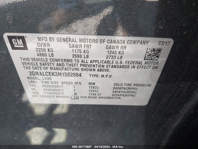 Chevrolet EQUINOX LT 2017 2GNALCEK3H1582884 Image 9