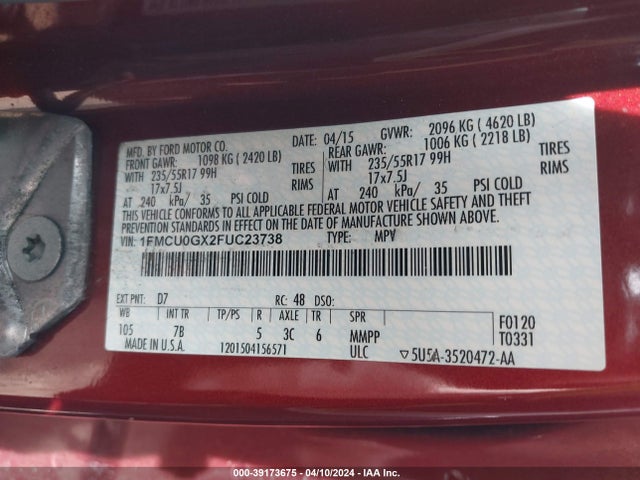 Ford ESCAPE SE 2015 1FMCU0GX2FUC23738 Image 9