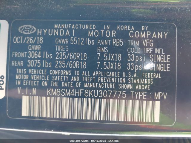 KM8SM4HF8KU307775 Hyundai Santa Fe Xl Se