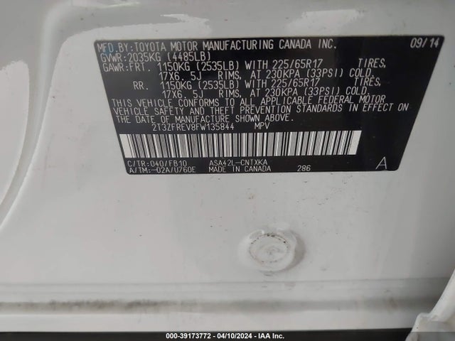 Toyota RAV4 LE 2015 2T3ZFREV8FW135844 Image 9
