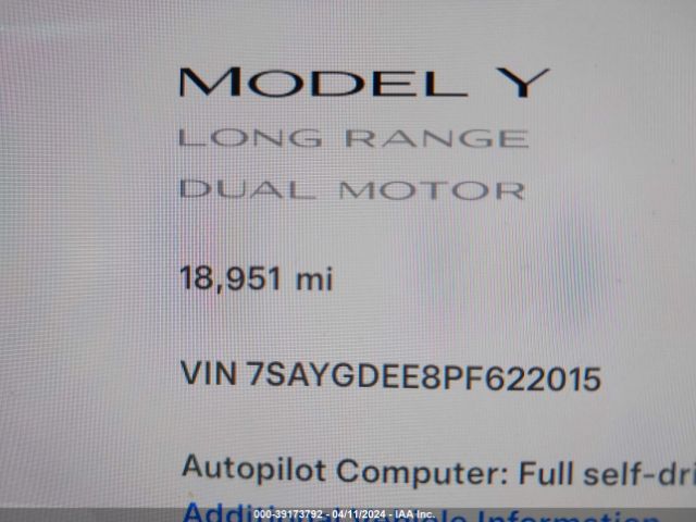7SAYGDEE8PF622015 Tesla Model Y Awd/long Range Dual Motor All-wheel Drive