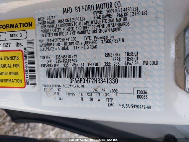Ford FUSION SE 2017 3FA6P0H72HR341330 Image 9