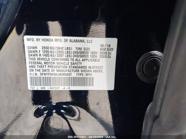 Honda Pilot Touring 2018 5FNYF6H94JB066657 Image 9