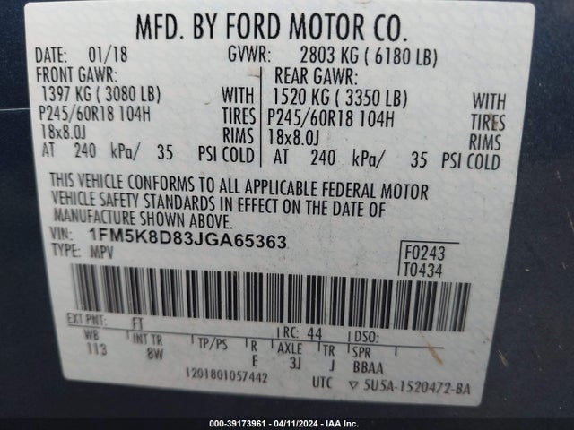 Ford EXPLORER XLT 2018 1FM5K8D83JGA65363 Image 9
