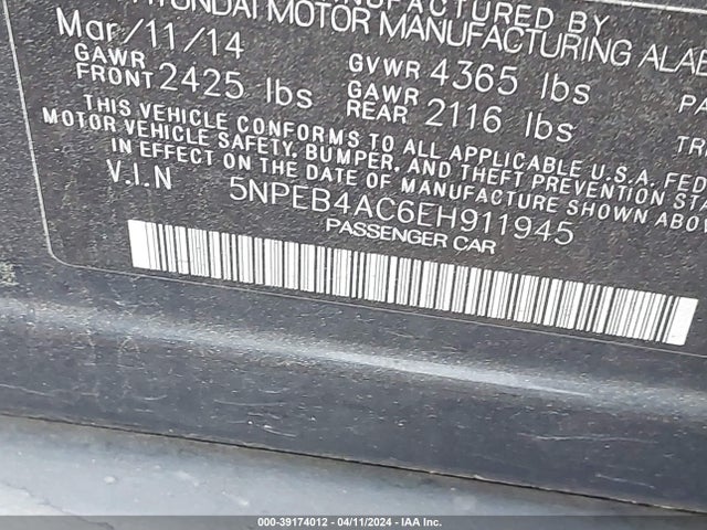 Hyundai SONATA GLS 2014 5NPEB4AC6EH911945 Image 9