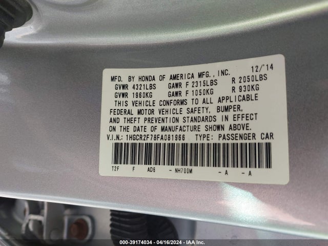 Honda ACCORD EX 2015 1HGCR2F78FA081966 Image 9
