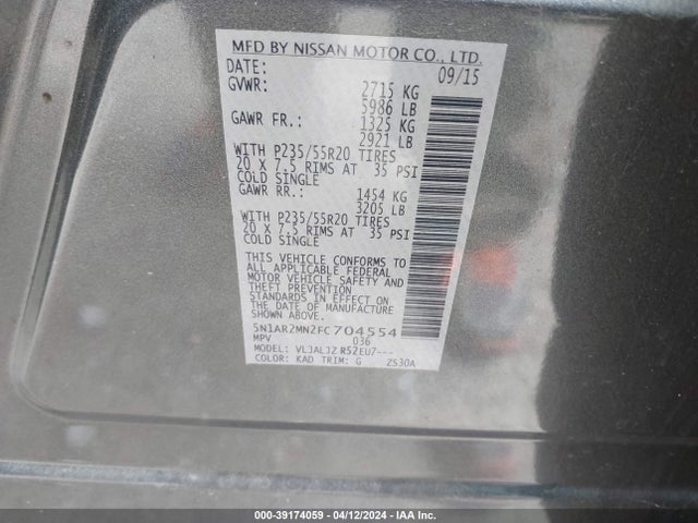 Nissan Pathfinder Platinum 2015 5N1AR2MN2FC704554 Image 9
