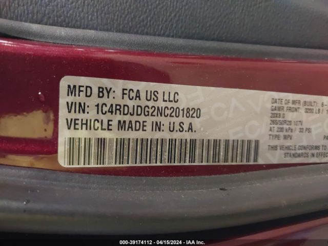1C4RDJDG2NC201820 Dodge Durango Gt Plus Awd