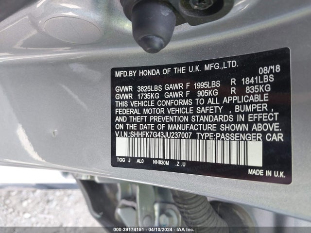 Honda Civic Sport 2018 SHHFK7G43JU237007 Image 9