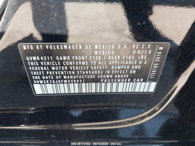 Volkswagen Jetta 2.0l S 2015 3VW2K7AJ0FM339931 Image 9