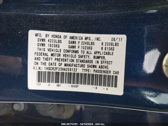 Honda ACCORD LX 2017 1HGCR2F33HA259122 Image 9