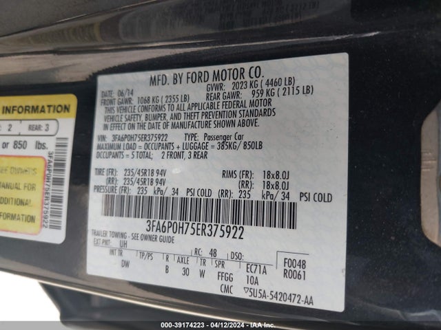 Ford FUSION SE 2014 3FA6P0H75ER375922 Image 9