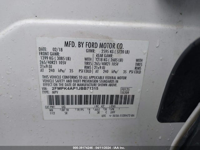 Ford EDGE SPORT 2018 2FMPK4AP1JBB71315 Image 9