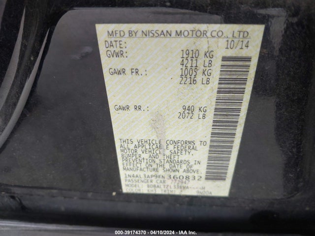 Nissan Altima 2.5 Sl 2015 1N4AL3AP9FN360832 Image 9