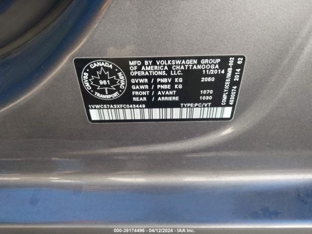 1VWCS7A3XFC043449 Volkswagen Passat 1.8t Sel Premium