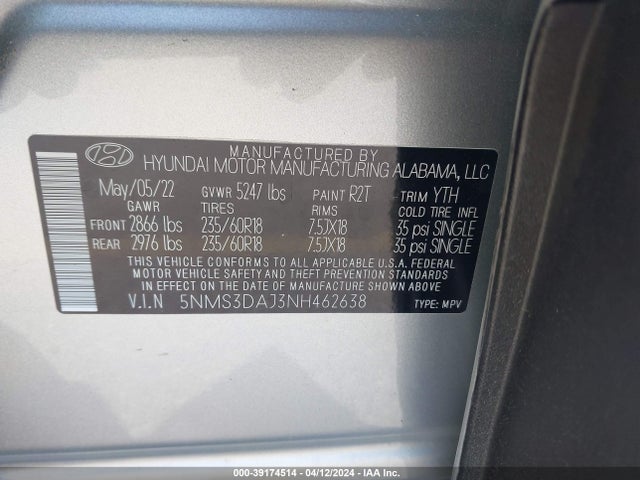 Hyundai Santa Fe Sel 2022 5NMS3DAJ3NH462638 Image 9