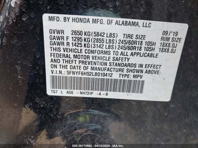 Honda Pilot Awd Ex-l 2020 5FNYF6H52LB010412 Image 9