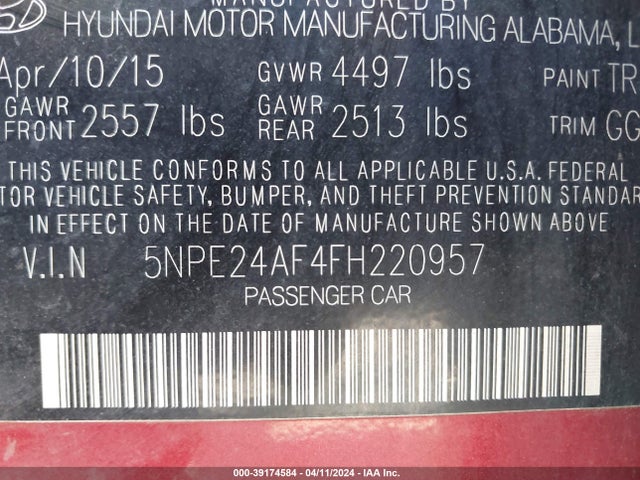 Hyundai SONATA SE 2015 5NPE24AF4FH220957 Image 9
