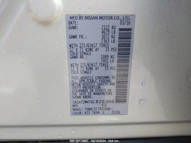 Nissan ROGUE SV 2016 5N1AT2MV7GC828306 Image 9